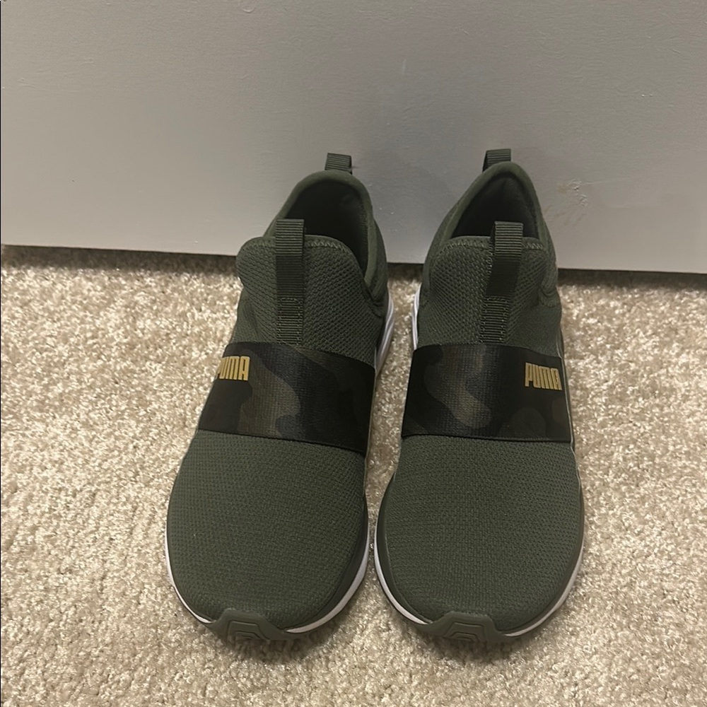 Puma Olive Slip-On Sneakers with Black Band